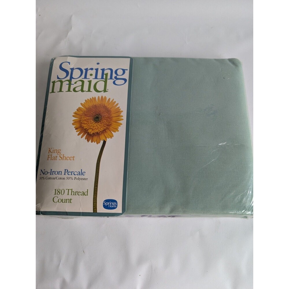 Vintage Springmaid No Iron Perecale King Flat Sheet Jade Green Pinafore NIP